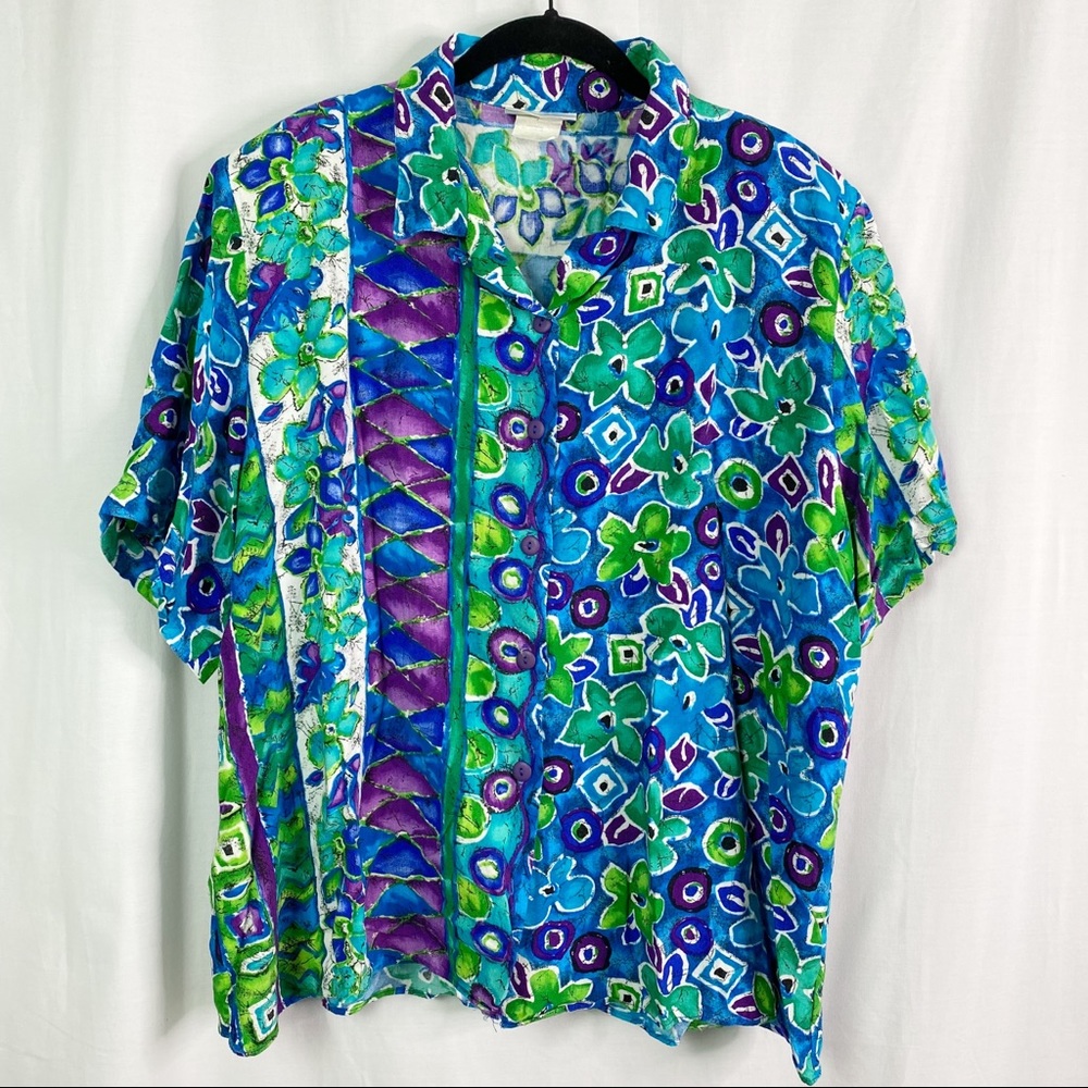 Vintage 80’s Bright Blue Green Floral Button Up Short Sleeve Shirt 2X